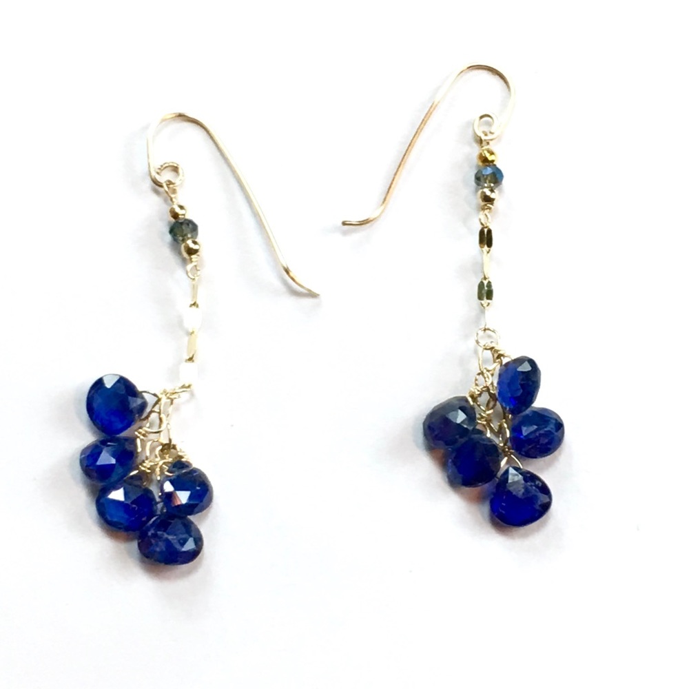 14K NATURAL 10CT BLUE SAPPHIRE DANGLE BEAD SOLID GOLD EARRINGS